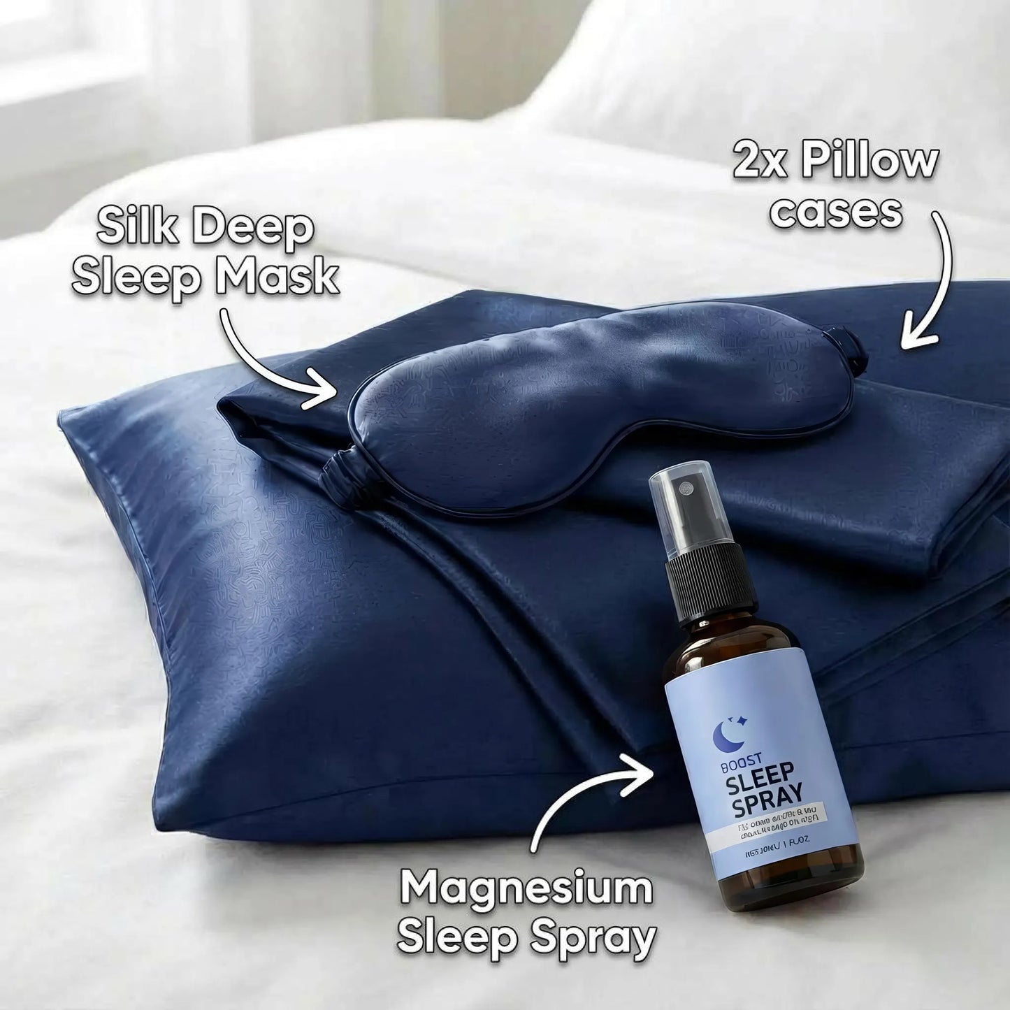 Silk Deep Sleep Mask + 2x Pillow cases + Magnesium Sleep Spray