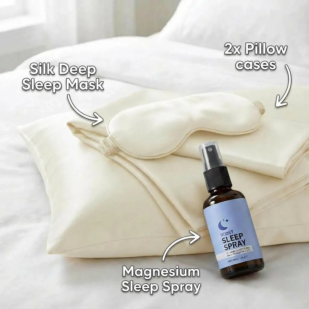 Silk Deep Sleep Mask + 2x Pillow cases + Magnesium Sleep Spray