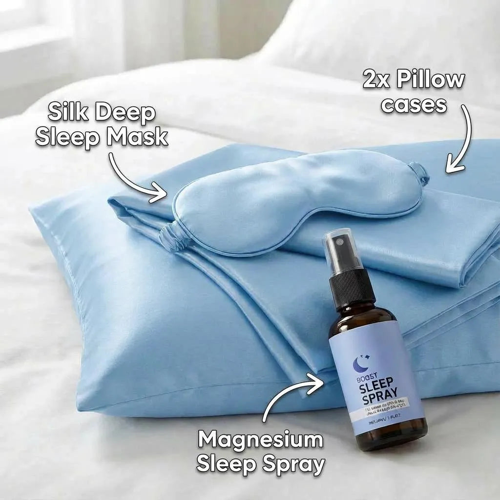 Silk Deep Sleep Mask + 2x Pillow cases + Magnesium Sleep Spray