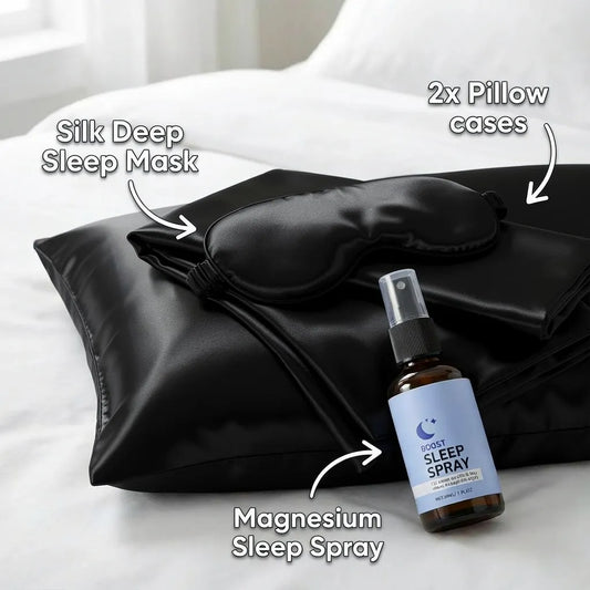 Silk Deep Sleep Mask + 2x Pillow cases + Magnesium Sleep Spray